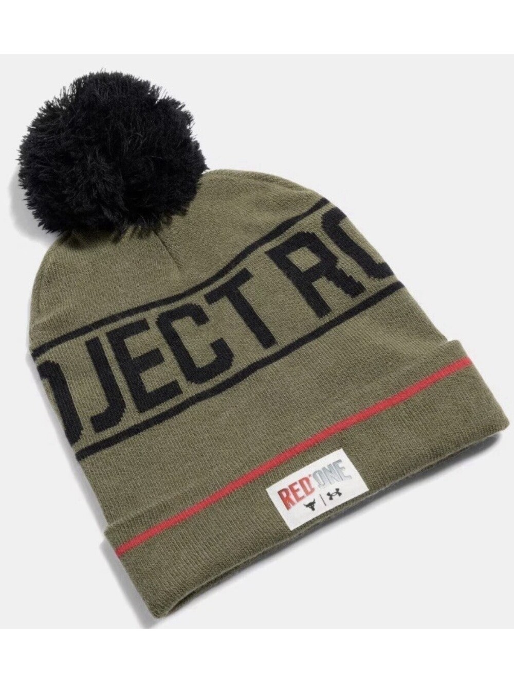 Project Rock Red One Men’s Pom Beanie Olive Green & Black New OSFM Colder Gear